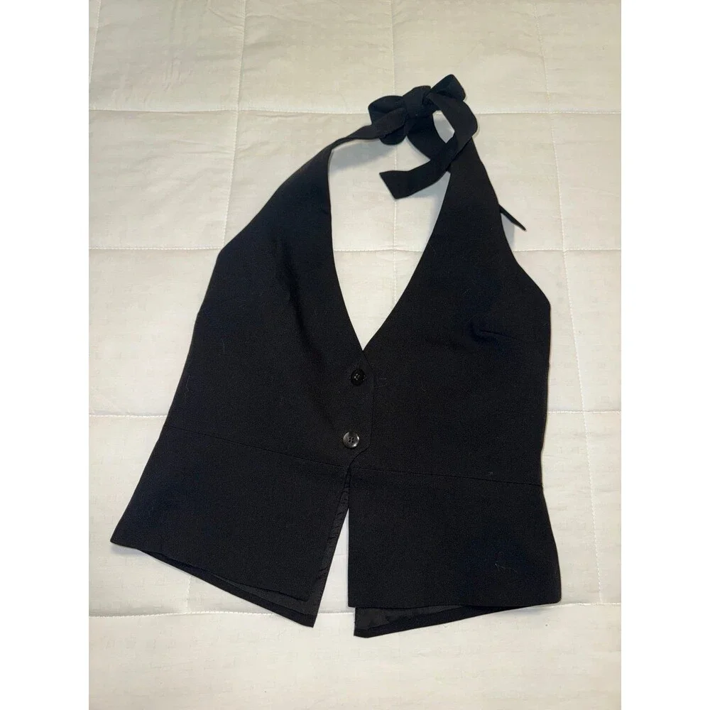 NWT Tiger Mist Black Halter Buttoned Top - Picture 2 of 4
